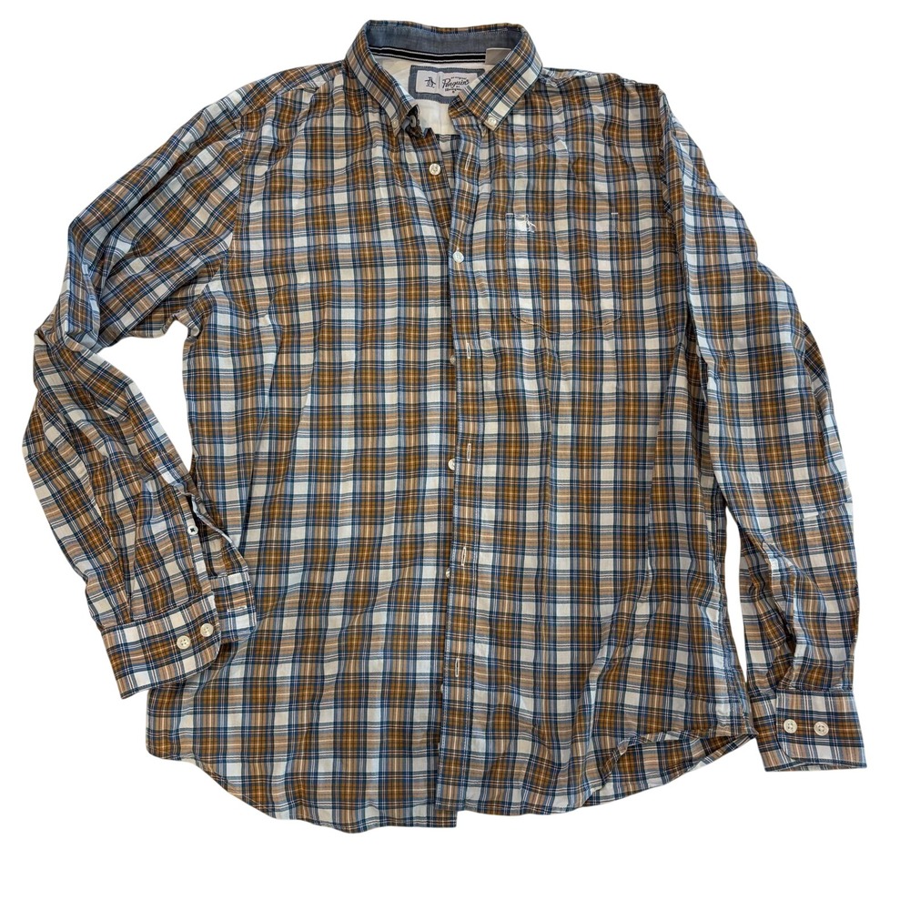 Original Penguin Men's Long Sleeve Button-Down Plaid Shirt, Orange Blue Check, L